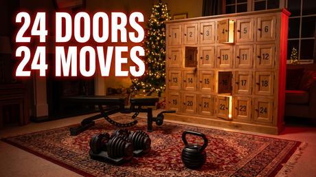 24 doors, 24 moves: a home gym advent calendar beside BrainGain adjustable dumbbells, kettlebell and bench in a festive living room